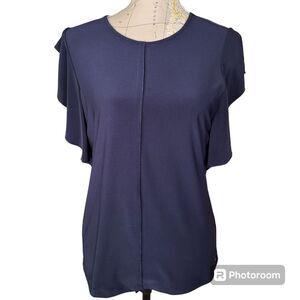 Tommy Hilfiger Size Small Navy Blue Short Flutter Sleeve Blouse Preppy Academia